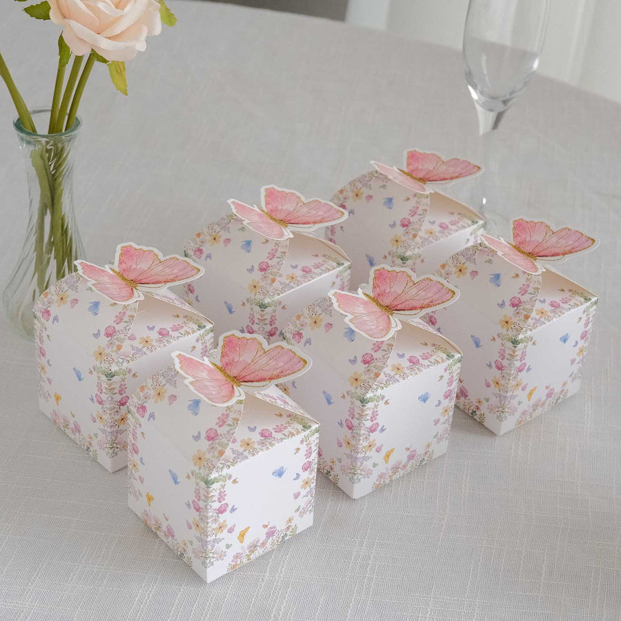 25 Pack White Pink Glitter Butterfly Top Candy Gift Boxes, Spring Floral Party Favor Boxes