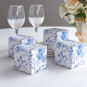 25 Pack White Blue Chinoiserie Floral Print Paper Favor Boxes, Cardstock Party Shower Candy Gift Boxes - 3"x3"x3"
