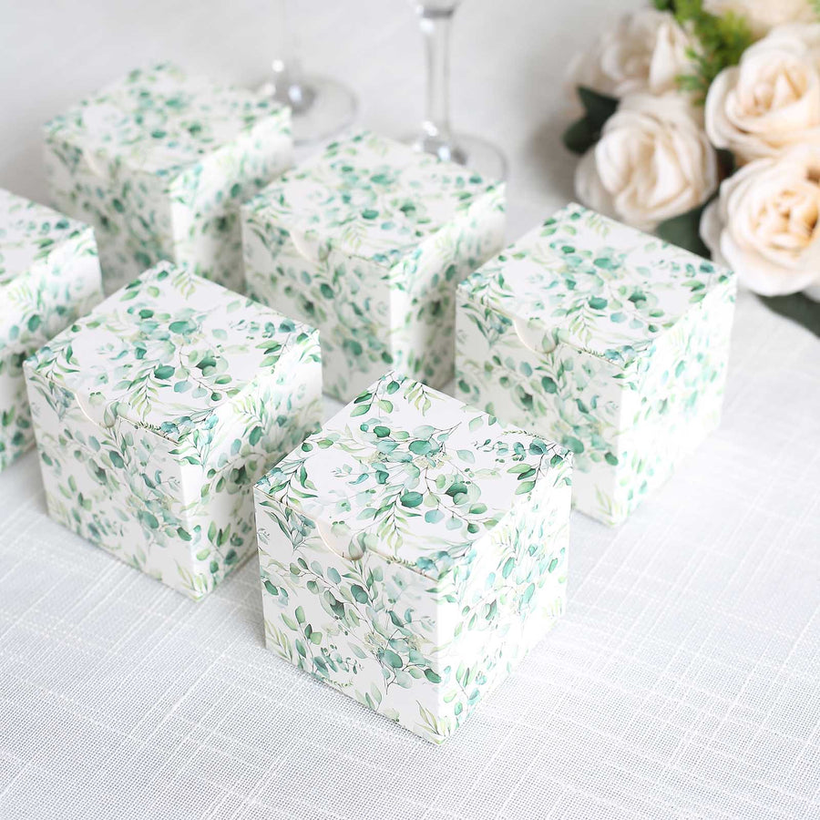 25 Pack White Green Eucalyptus Leaves Print Paper Favor Boxes