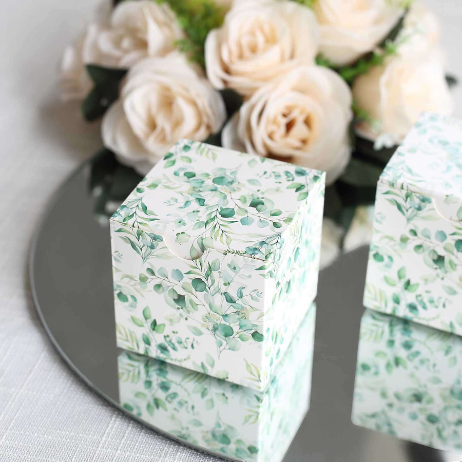 25 Pack White Green Eucalyptus Leaves Print Paper Favor Boxes