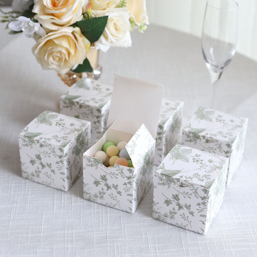 25 Pack White Sage Green Floral Print Paper Favor Boxes