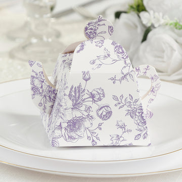 25 Pack 5"x4" Mini Teapot Favor Boxes – White Lavender French Toile Design Gift Boxes