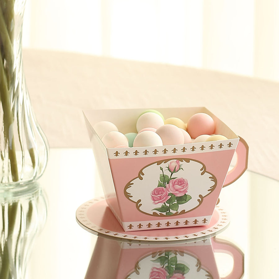 25 Pack Dusty Rose Mini Teacup and Saucer Party Favor Boxes with Rose Floral Print