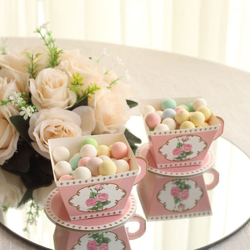 25 Pack Dusty Rose Mini Teacup and Saucer Party Favor Boxes with Rose Floral Print, Tea Time Candy Boxes - 4"x3"