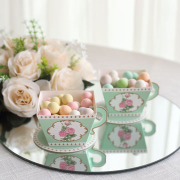 25 Pack Turquoise Mini Teacup and Saucer Party Favor Boxes with Rose Floral Print, Tea Time Candy Boxes - 4"x3"