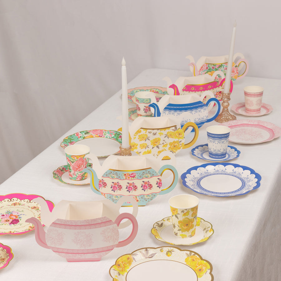 6 Pack Vintage Mixed Paper Teapot Favor Boxes with Floral Design, Flower Boxes Centerpiece Tea Party