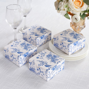 25 Pack White Blue Chinoiserie Floral Print Paper Favor Boxes, Cardstock Party Shower Candy Gift Boxes - 4"x4"x2"