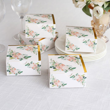25 Pack White Pink Peony Flowers Print Paper Favor Boxes with Gold Edge, Cardstock Party Shower Candy Gift Boxes - 4"x4"x2"