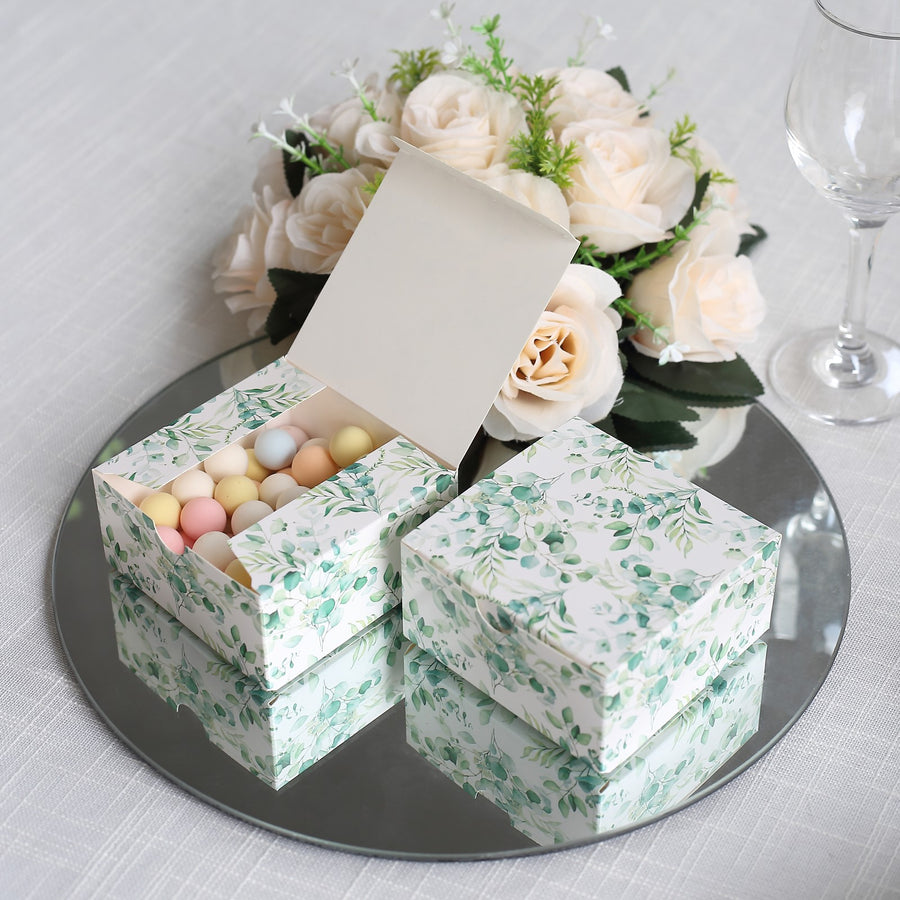25 Pack White Green Eucalyptus Leaves Print Paper Favor Boxes, Cardstock Candy Gift Boxes