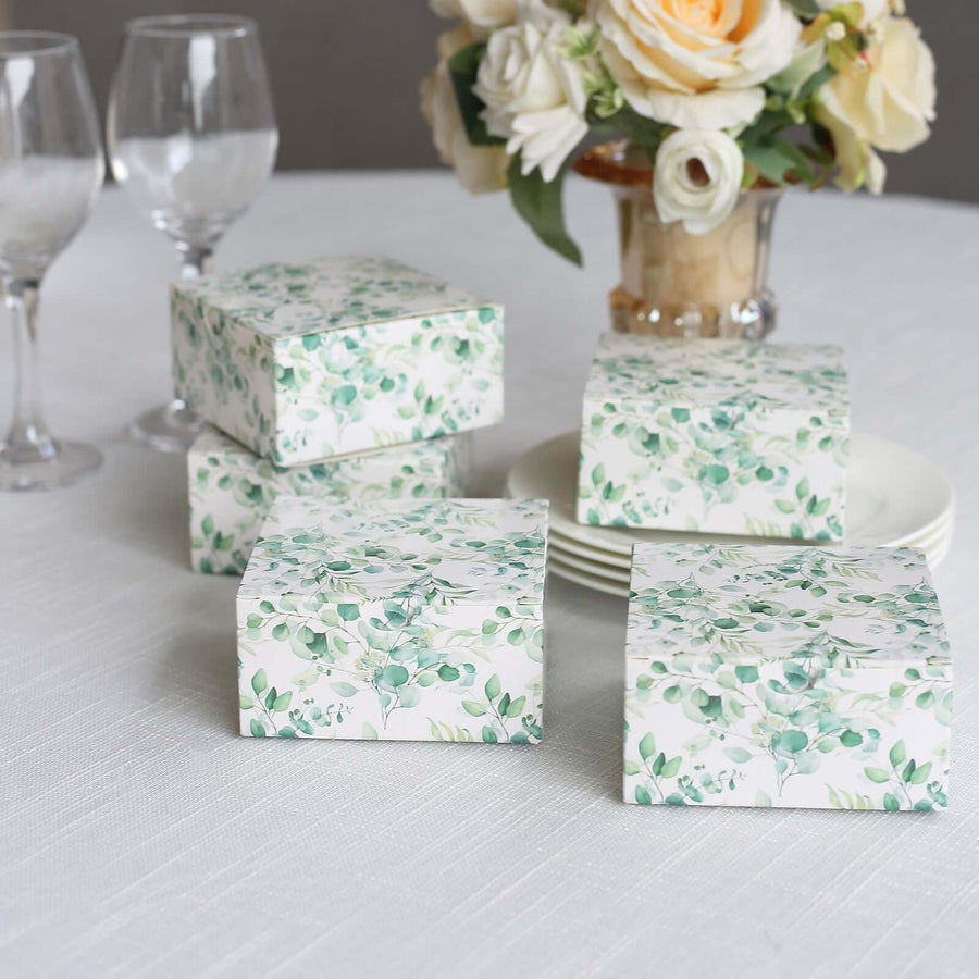 25 Pack White Green Eucalyptus Leaves Print Paper Favor Boxes, Cardstock Candy Gift Boxes