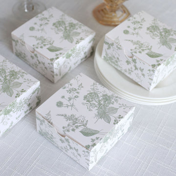 25 Pack White Sage Green Floral Print Paper Favor Boxes, Cardstock Party Shower Candy Gift Boxes - 4"x4"x2"