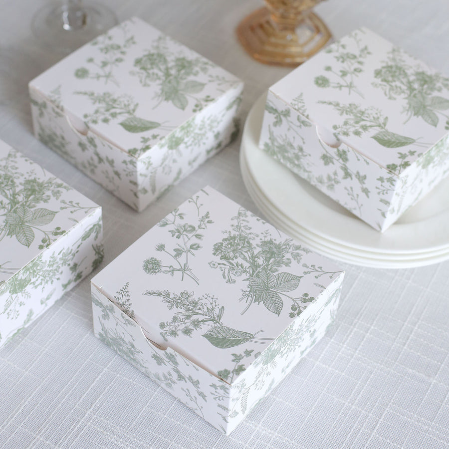 25 Pack White Sage Green Paper Favor Boxes in French Toile Pattern, Cardstock Party Shower