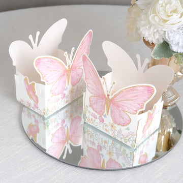 25 Pack White Pink Glitter Butterfly Theme Paper Serving Trays, Floral Print Disposable Snack Food Trays - 6"x7"