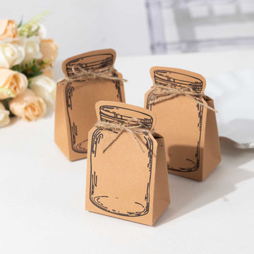 25 Pack Natural Mini Mason Jar Shaped Paper Party Favor Boxes With Jute Rope Ties, Candy Gift Boxes - 5"x3"