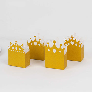 20 Pack Gold Glitter Princess Crown Candy Treat Boxes, Paper Favor Boxes Party Decoration - 3.5"x 2"x 5"