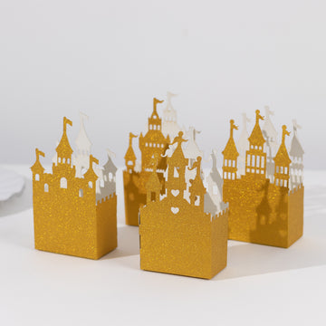 20 Pack Gold Glitter Fairy Tale Castle Favor Boxes, Princess Theme Cardstock Paper Candy Boxes Party Decorations - 3.5"x2"x6.5"