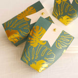 25 Pack Hunter Emerald Green Paper Pouch Candy Gift Bags With Gold Monstera Leaves Print, Party Favo