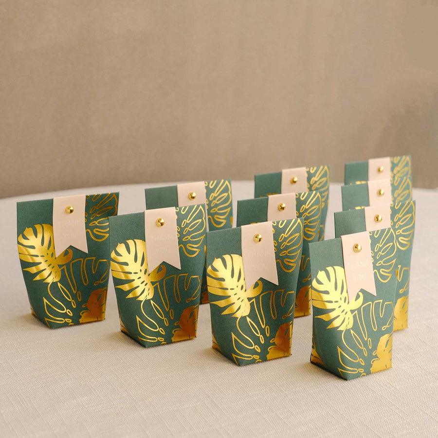 25 Pack Hunter Emerald Green Paper Pouch Candy Gift Bags With Gold Monstera Leaves Print, Party Favo
