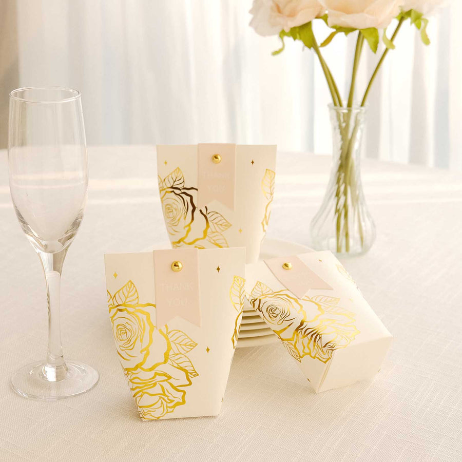 25 Pack White Paper Pouch Candy Gift Bags With Gold Rose Flower Print, Party Favor Boxes
