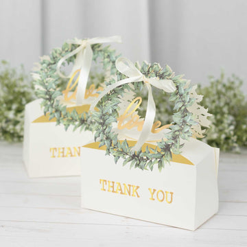 25 Pack White Thank You Candy Treat Boxes with Ribbon, Love Wreath Party Favor Gift Boxes - 6"x3"x7"