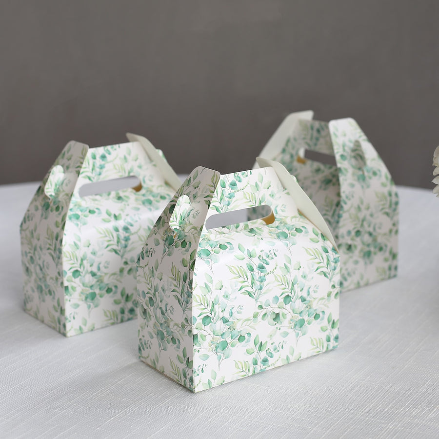 25 Pack White Green Candy Gift Tote Gable Boxes with Eucalyptus Leaves Print, Party Favor