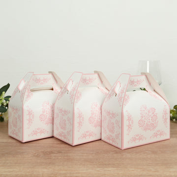 25 Pack White Pink Candy Gift Tote Gable Boxes in French Toile Pattern, Party Favor Treat Boxes - 6"x3.5"x7"