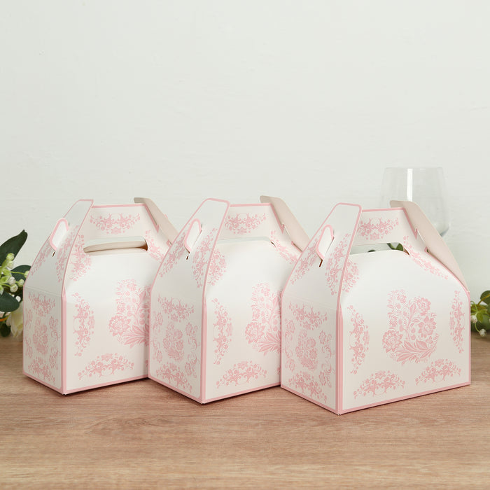 25 Pack White Pink Candy Gift Tote Gable Boxes in French Toile Pattern, Party Favor Treat Boxes