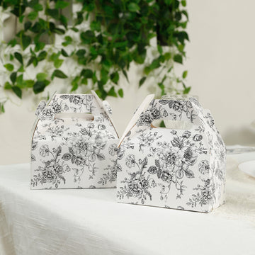 25 Pack Candy Treat Tote Boxes in French Toile Pattern - Matte Black and White Party Favor Gable Boxes, Cardstock Paper - 6"x3.5"x7"