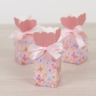 Exquisite Pink Floral Top Party Favor Boxes with Butterfly Print