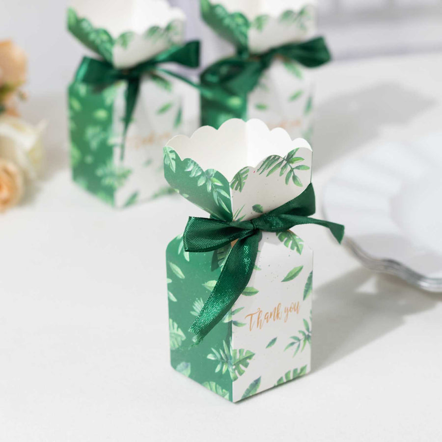 25 Pack White Green Leaf Print Satin Ribbon Candy Gift Boxes With Floral Top