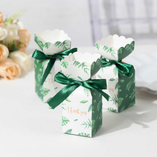 Elegant White Green Leaf Print Satin Ribbon Candy Gift Boxes