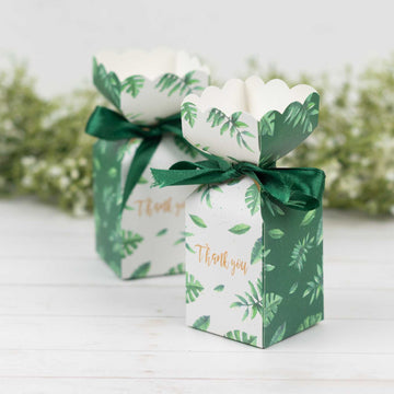 25 Pack White Green Leaf Print Satin Ribbon Candy Gift Boxes With Floral Top, Cardstock Paper Party Favor Boxes - 2"x5"