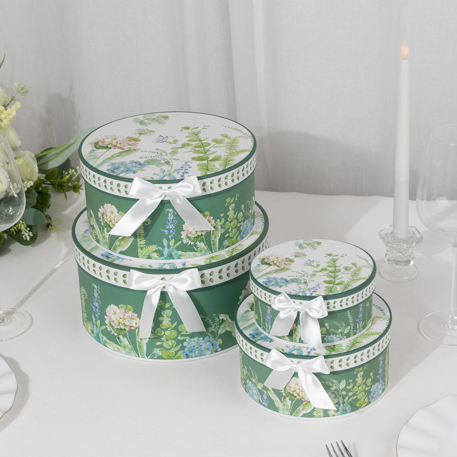 Set of 4 Greenery Theme Round Nesting Gift Boxes With Lids