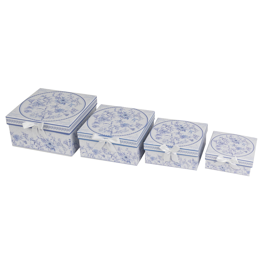 Set of 4 White Blue Chinoiserie Square Nesting Gift Boxes With Lids#whtbkgd