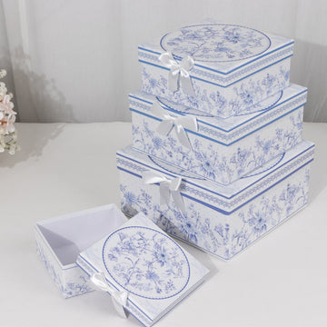 Set of 4 White Blue Chinoiserie Square Nesting Gift Boxes With Lids, Stackable Heavy Duty Cardstock Boxes, Cupcake Dessert Display Stand - 6",7",8",9"