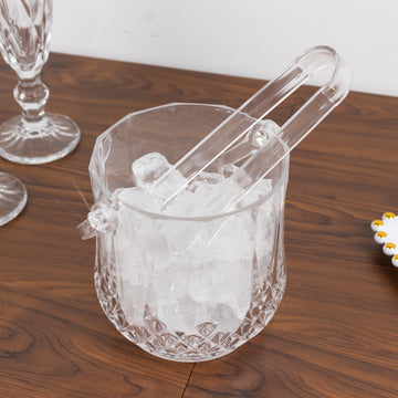 3-Pack Clear Plastic Small Ice Buckets with Handle & Tongs in Crystal-Cut Design – 5"x5" Shatterproof Compact Bar Ice Holder & Drink Cooler for Whiskey, Cocktails & Parties