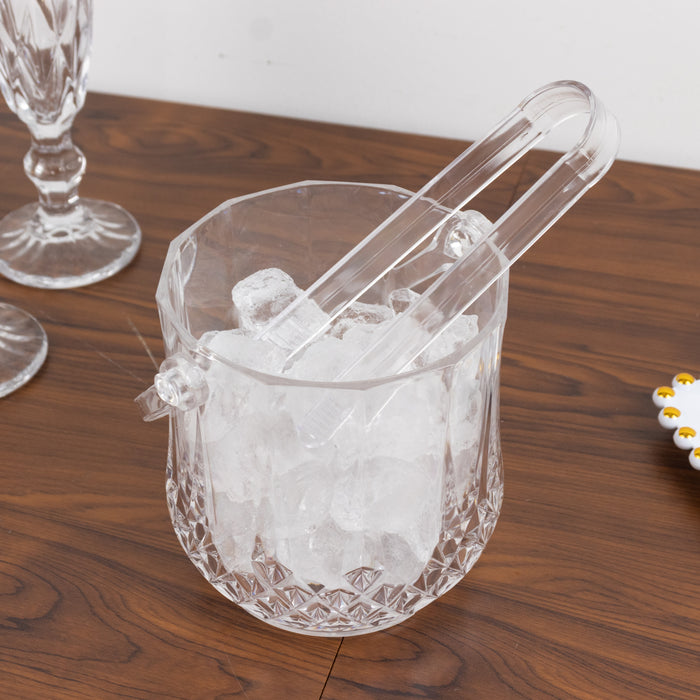 3-Pack Clear Plastic Small Ice Buckets with Handle & Tongs in Crystal-Cut Design – 5inch