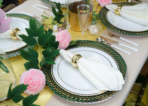 Close-up of a place setting with white napkin