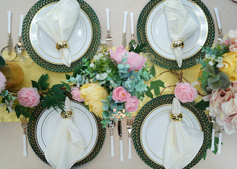 Yellow chair sashes on gold dining chairs