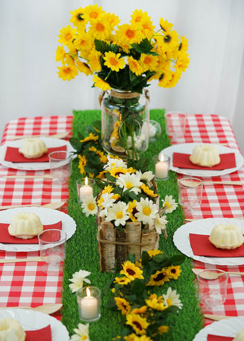 Close-up of a flower arrangement on a checkered table