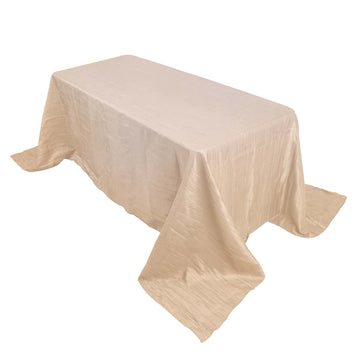 90"x132" Beige Accordion Crinkle Taffeta Seamless Rectangular Tablecloth for 6 Foot Table With Floor-Length Drop