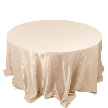 132" Beige Accordion Crinkle Taffeta Seamless Round Tablecloth for 6 Foot Table With Floor-Length Drop