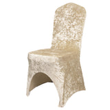 Beige Crushed Velvet Spandex Stretch Wedding Chair Cover With Foot Pockets - 190 GSM#whtbkgd