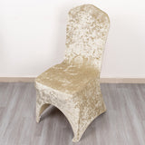 Beige Crushed Velvet Spandex Stretch Wedding Chair Cover With Foot Pockets - 190 GSM