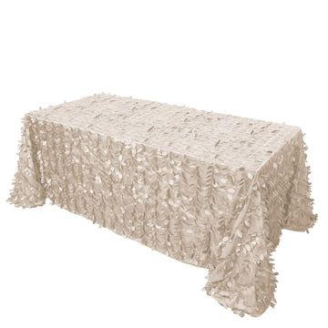 90"x132" Beige 3D Leaf Petal Taffeta Fabric Seamless Rectangle Tablecloth for 6 Foot Table With Floor-Length Drop