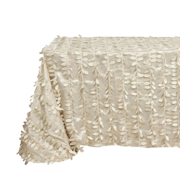 90"x156" Beige 3D Leaf Petal Taffeta Fabric Seamless Rectangle Tablecloth
