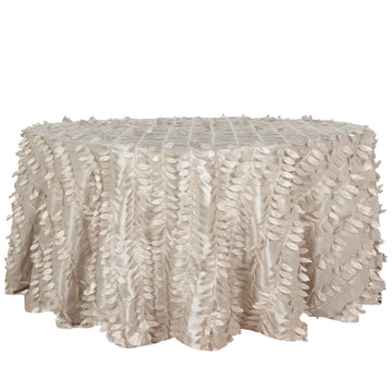 120" Beige 3D Leaf Petal Taffeta Fabric Seamless Round Tablecloth