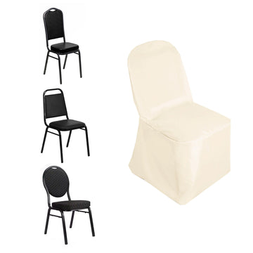 Beige Polyester Banquet Chair Cover, Reusable Stain Resistant Slip On Chair Cover