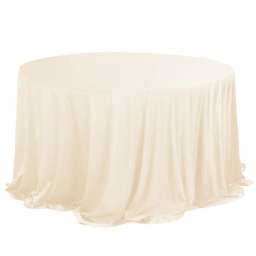 132" Beige Premium Scuba Wrinkle Free Round Tablecloth, Seamless Scuba Polyester Tablecloth for 6 Foot Table With Floor-Length Drop
