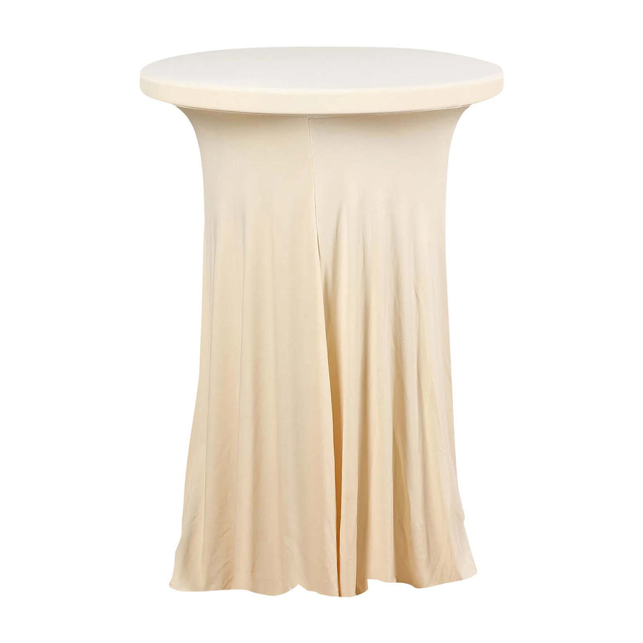 Beige Round Heavy Duty Spandex Cocktail Table Cover With Natural Wavy Drapes